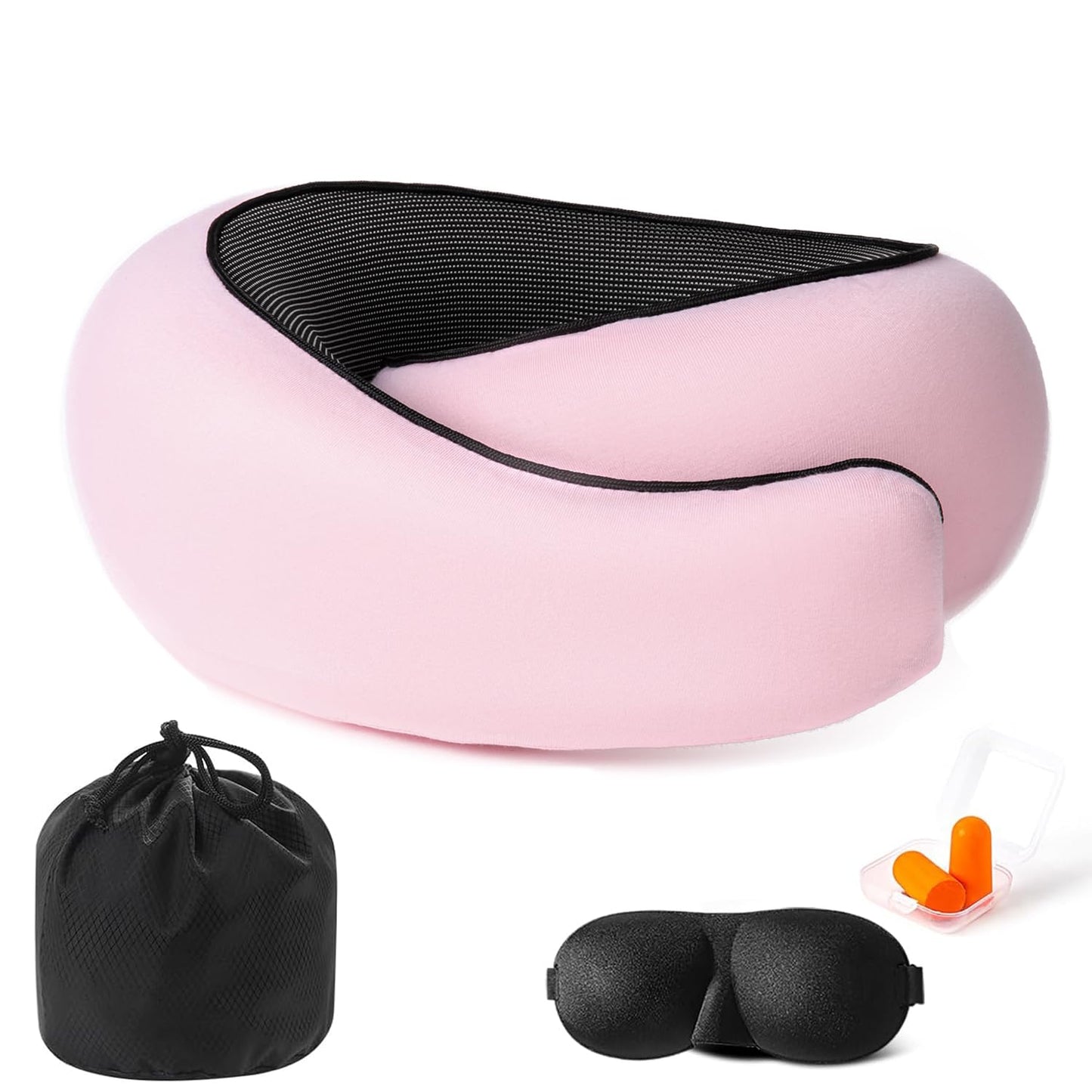 Hanmeimei Travel Neck Pillows for Airplanes Or Cars, 360° Head Support for Comfort On Long Flight, Skin-Friendly and Breathable, Kit with 3D Contoured Eye Mask, Earplugs and Storage Bag
