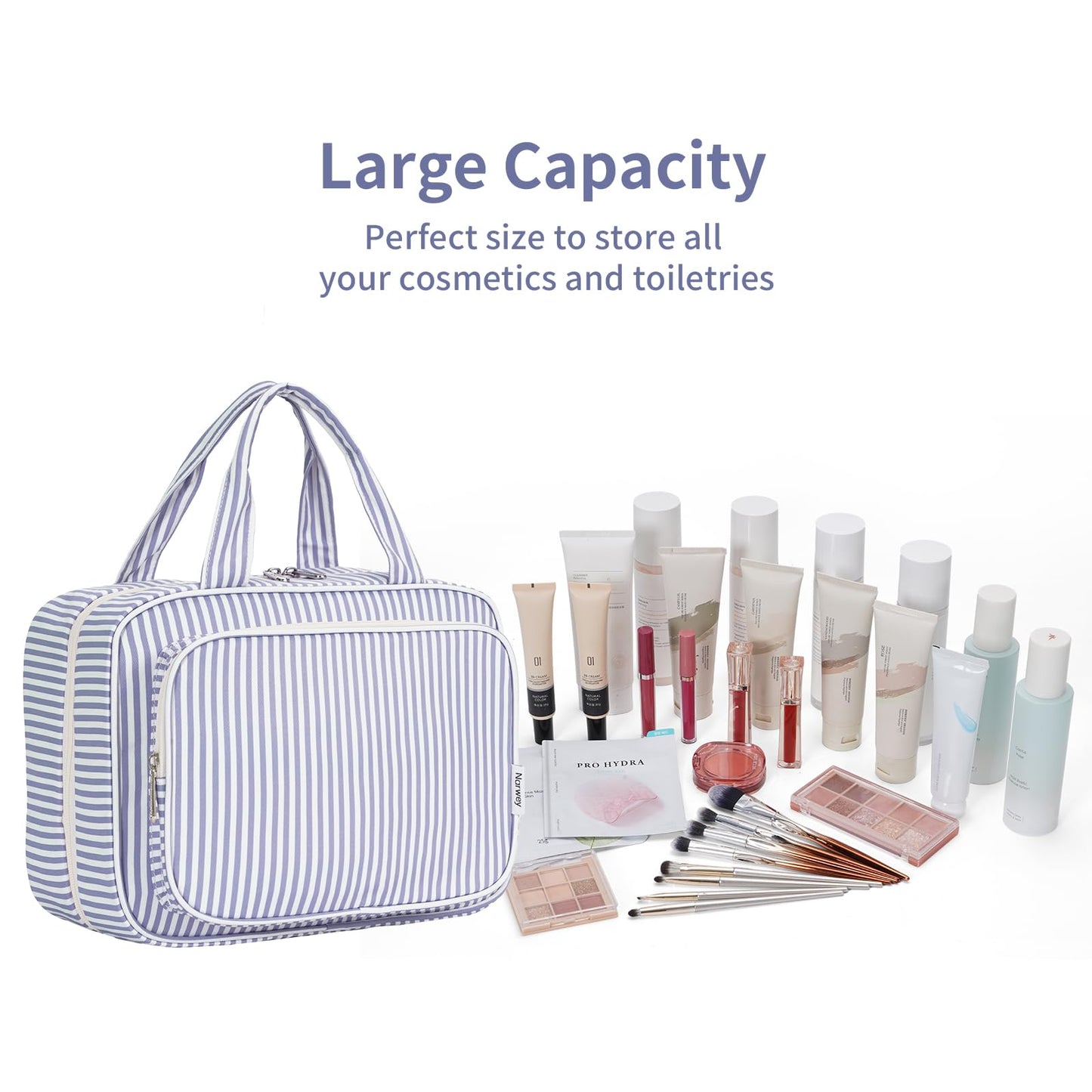 Narwey Striped Travel Toiletry Bag for Women Large Hanging Makeup Bag Organizer Toiletries Bag for Full Size Essentials Accessories Cosmetics (Greyish Blue Stripe (Large))