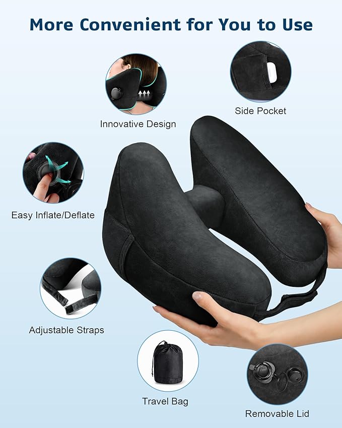 Travel Pillow Inflatable Neck Pillow Airplane Pillow with Velvet Cover Inflatable Pillow for Car/Train/Plane (Black, M)