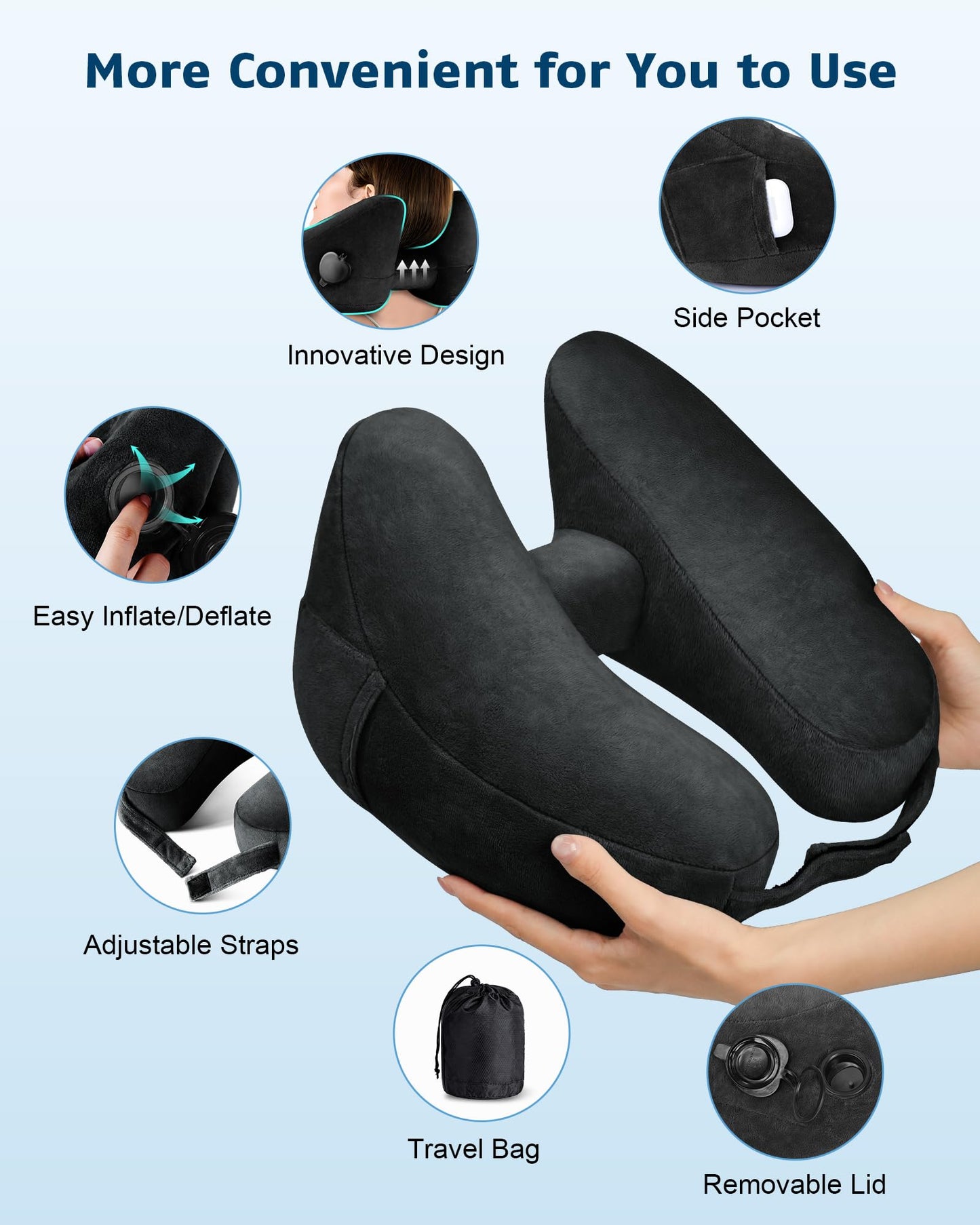 loveheek Travel Pillow Inflatable Neck Pillow Airplane Pillow with Velvet Cover Inflatable Pillow for Car/Train/Plane (Black, M)