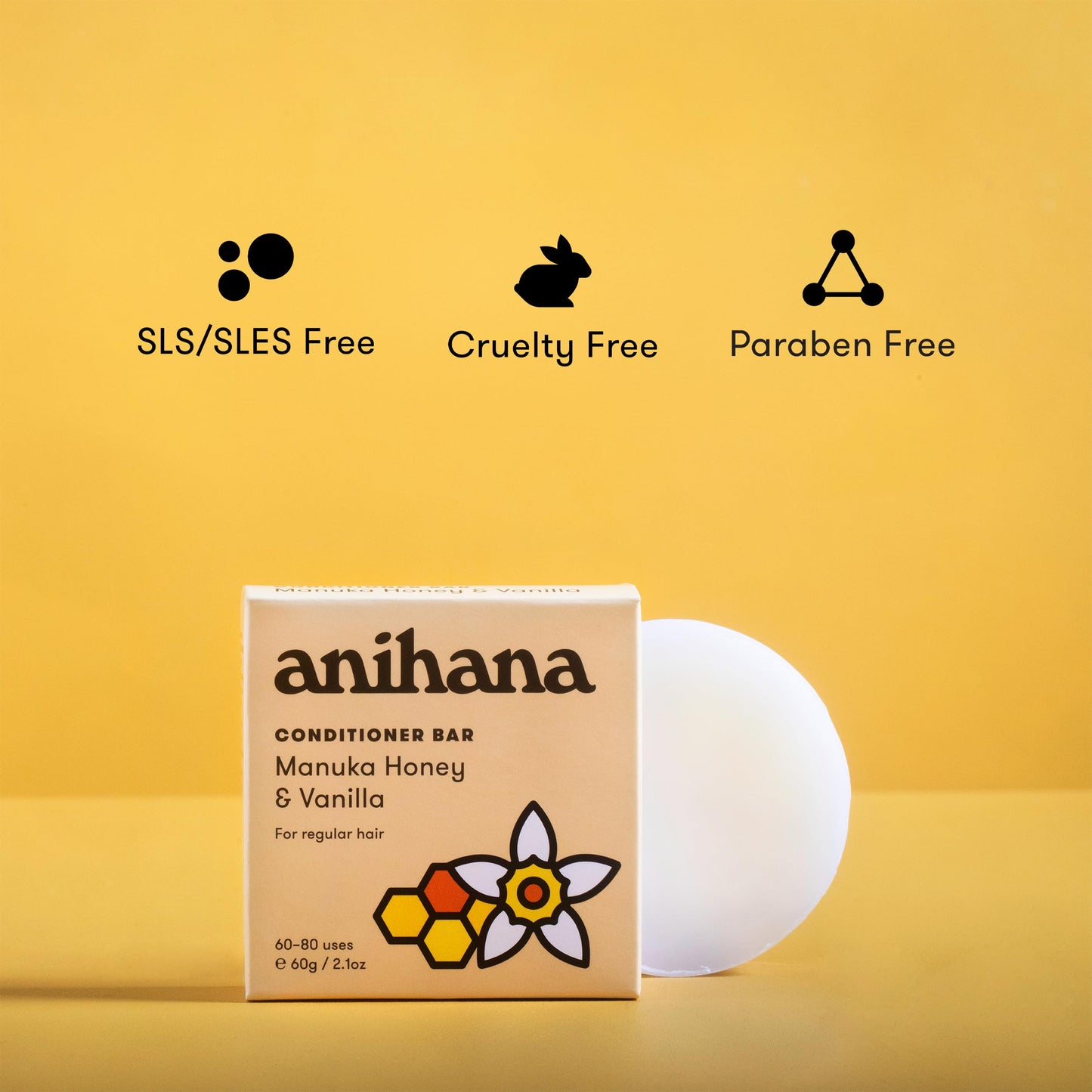 ANIHANA Conditioner Bar for Regular Normal Hair Clean Purifying Natural Healthy Look and Shine Paraben Free Manuka Honey and Vanilla 2.1 oz