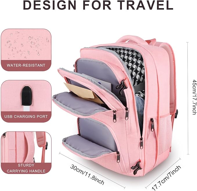 Carry On Backpack for Women, Pink Backpack, Large Expandable Travel Bag, 15.6 Inch Travel Laptop Backpack with USB, Personal Item Size Teacher Traveling Backpack, Pink