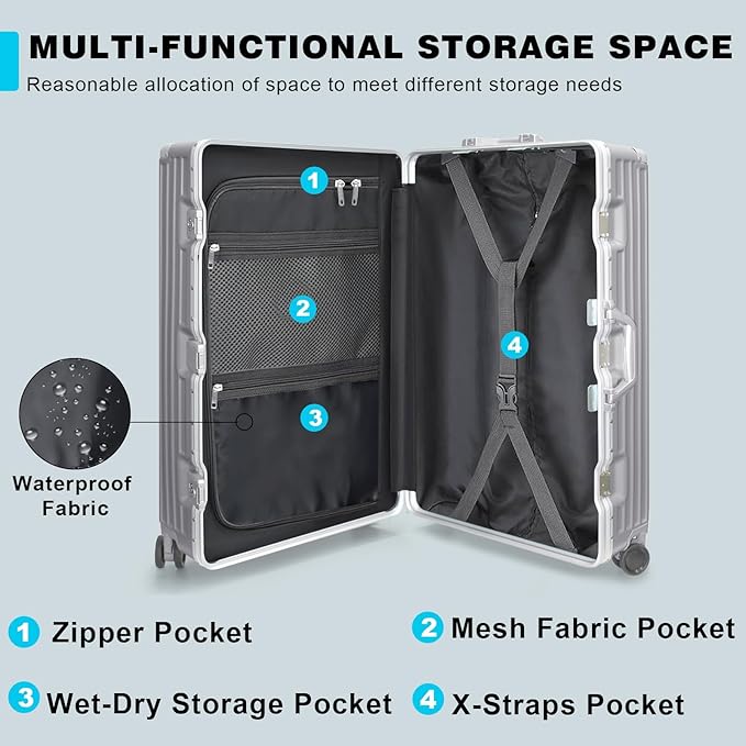 AnyZip Luggage PC+ABS Aluminum Frame Zipperless Checked Luggage Hard Shell Suitcase with TSA Lock Double Spinner Wheels 28 Inch Silver