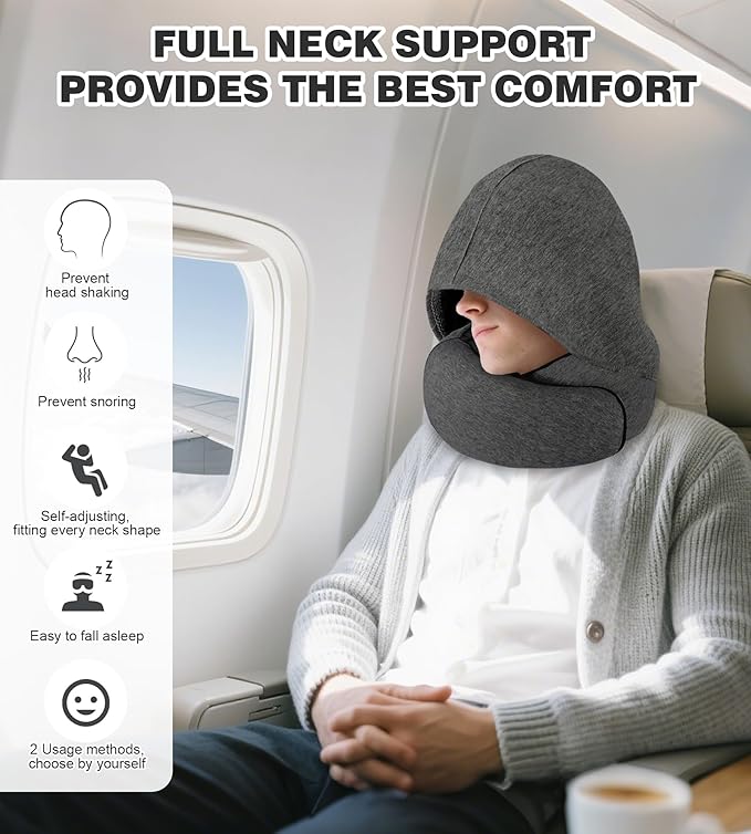 Hidden hat Airplane Travel Neck Pillow, Memory Foam Long-Distance Travel Neck Pillow, Suitable for use on Planes, in Cars and When Sleeping in The Office, Protecting Your Neck.