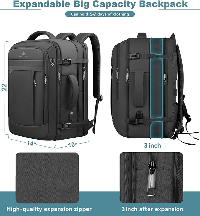 50L Carry on Travel Backpack With Packing Cubes, Extra Large Backpack Flight for Men & Women,Expandable Suitcase Water Resistant Luggage Daypack Business Weekender Bag, Black