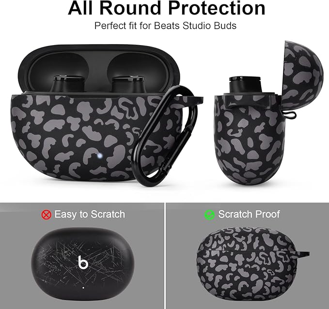 AIRSPO Silicone Case Compatible with Beats Studio Buds Case 2021 Soft Protective Cover for Beats Wireless Earbuds with Keychain (Black Leopard)