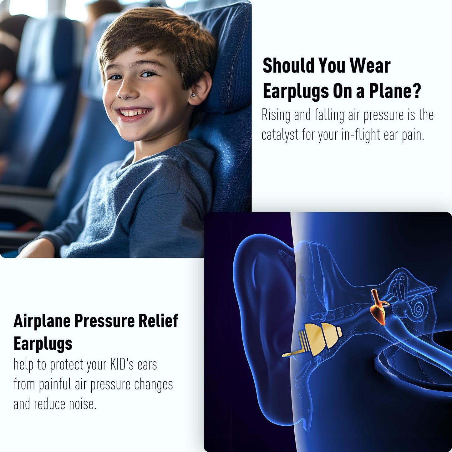Ear Plugs for Airplane Pressure Relief & Preventing Ear Pain - Flying Travel Essentials - Comfortable Reusable Plane Earplugs for Adult/Kids 12+ Charcoal Black