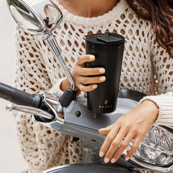 BURGA Travel Mug (16oz) Spill-Proof, Insulated Coffee Mug Scratch-Resistant, Stainless Steel Anti-Slip Tumbler Black