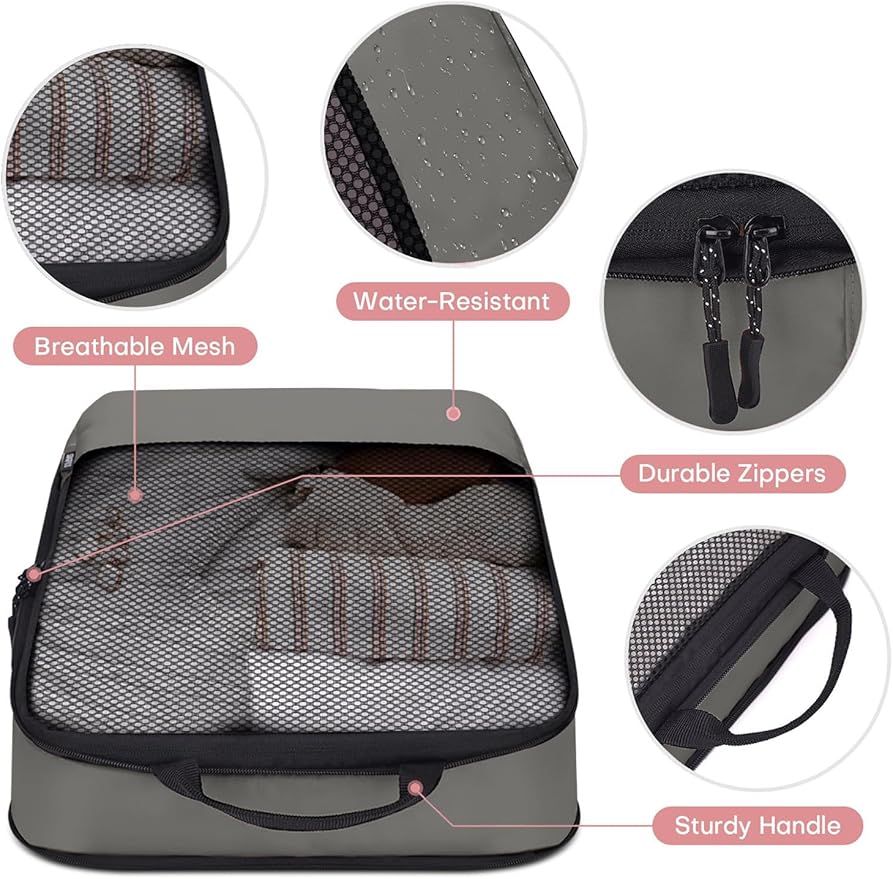 4 PCS Set Compression Packing Cubes for Travel, Lightweight Packaging Organizer Bags for Carry On Space Saving, Travel Essentials Cubes for Suitcase Backpack, Grey