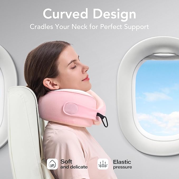 Travel Pillow, 100% Pure Memory Foam Travel Neck Pillow Airplane Neck Support Ergonomic Design for Traveling Suitable for Airplanes,Offices and Cars-Cooling Silk Light Pink