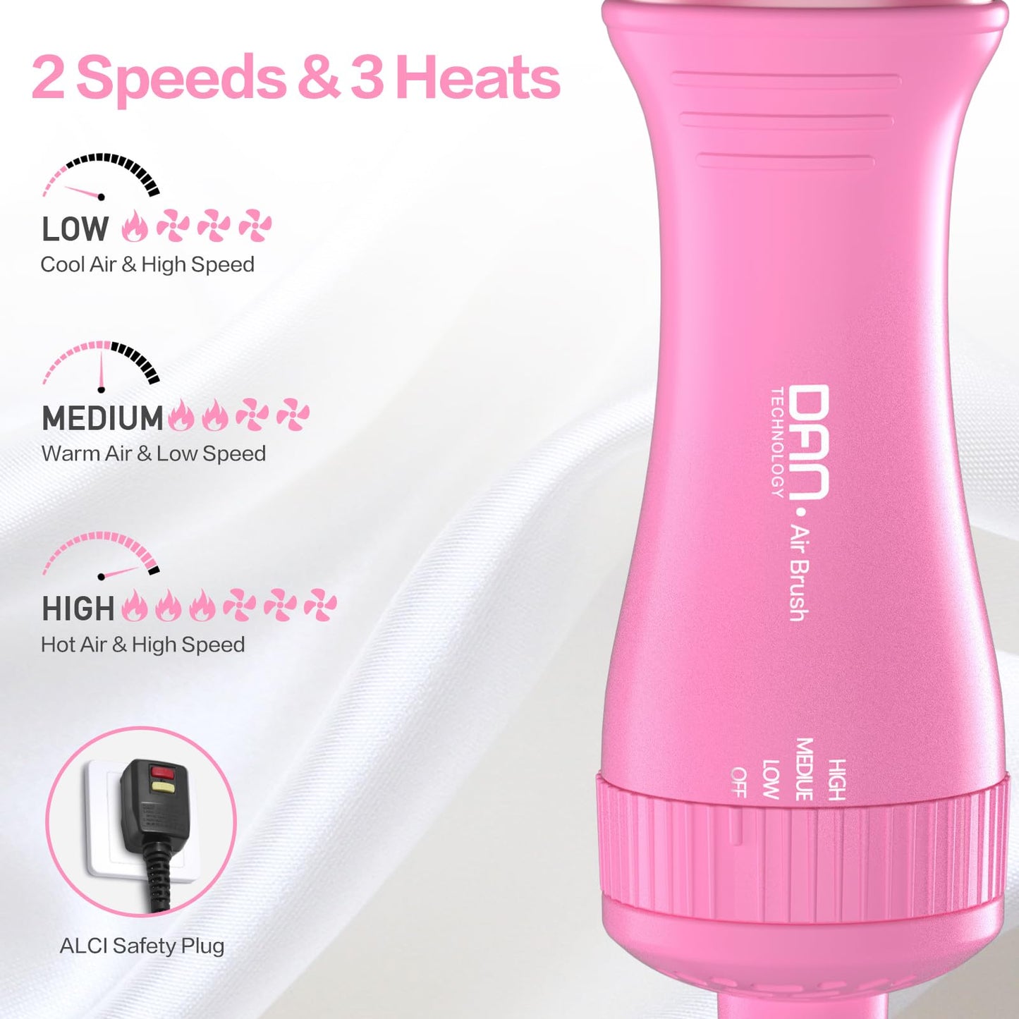 Dan Technology Blow Dryer Brush Hair Dryer Brush Hot Air Blowout Brush 120V 3 Speeds Oval Shape Volumizer Straightener Brush Faster Drying Mini Size Lightweight (Pink)