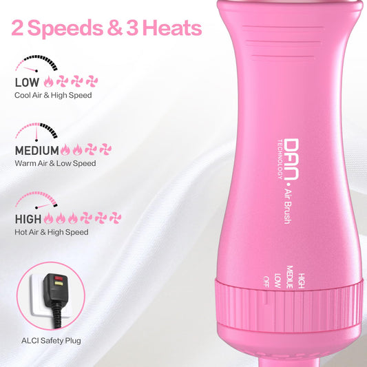 Dan Technology Blow Dryer Brush Hair Dryer Brush Hot Air Blowout Brush 120V 3 Speeds Oval Shape Volumizer Straightener Brush Faster Drying Mini Size Lightweight (Pink)