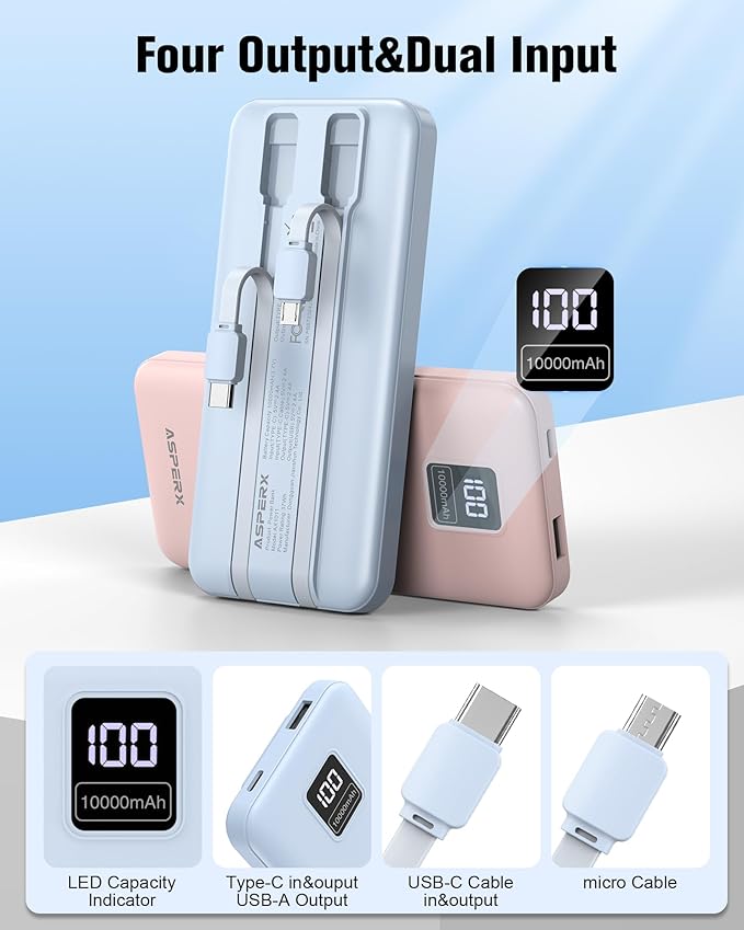 AsperX 2-Pack 10000mAh Portable Charger with Built-in Cables, USB C Output Power Bank Fast Charging, LED Display External Battery Pack for iPhone, Android, Google LG and Heated Vest