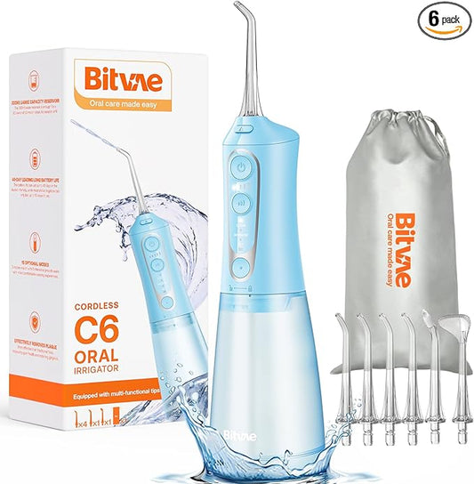 Bitvae Water Dental Flosser Teeth Pick, Cordless Flosser for Travel with 6 Jet Tips, 3 Modes 5 intensities, IPX7 Waterproof Portable & Rechargeable Oral Irrigator Cleaner, Sky Blue