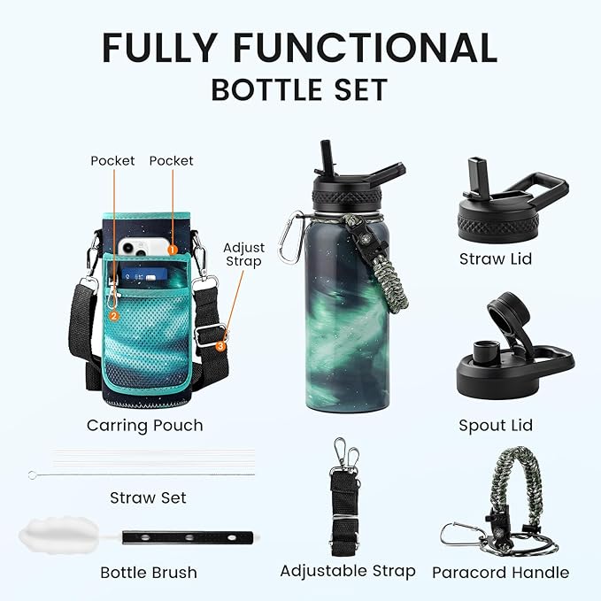 32oz Insulated Water Bottle, Triple Wall Vacuum Stainless Steel Water Bottles - Keeps Cold 48H, Reusable Metal water flask Jug for Gym, Sports, Camping, Hiking,Travel, Northern Lights Green