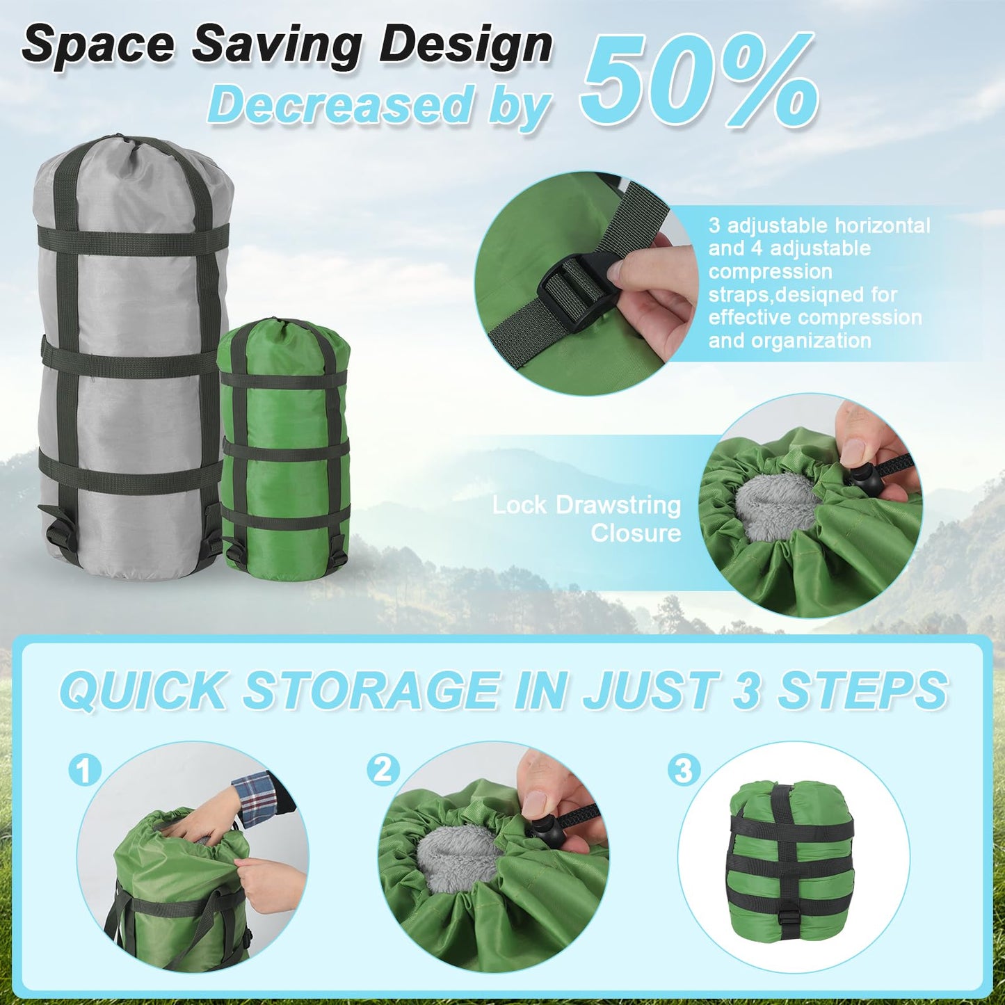 4 Pack Compression Sack for Sleeping Bag Stuff Sack Adjustable Sleeping Bag Compression Stuff Sack 11L + 15L + 30L + 45L Space Saving Gear for Backpacking Hiking Camping Outdoor and Travel Storage(4)