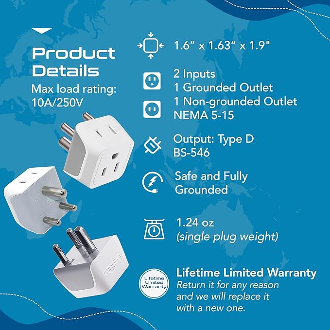 Ceptics US to India Plug Adapter works in Nepal, Maldives, Pakistan, India Power Adapter, Dual USA Input, Grounded Travel Adapter for Indian plug, Perfect for Phones, Laptop Chargers, 3 Pack (CT-10)