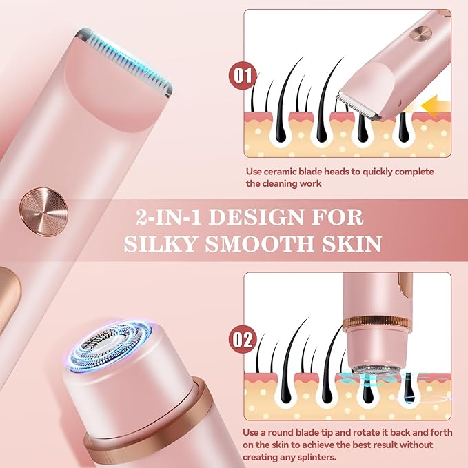 Bikini Trimmer for Women 2in1 High Power Epilators Hair Removal Waterproof Electric Razors Women's Electric Razor Pubic Hair Trimmer Shaver for Women for Ladies Pubic, Face, Underarms, Legs (Pink)