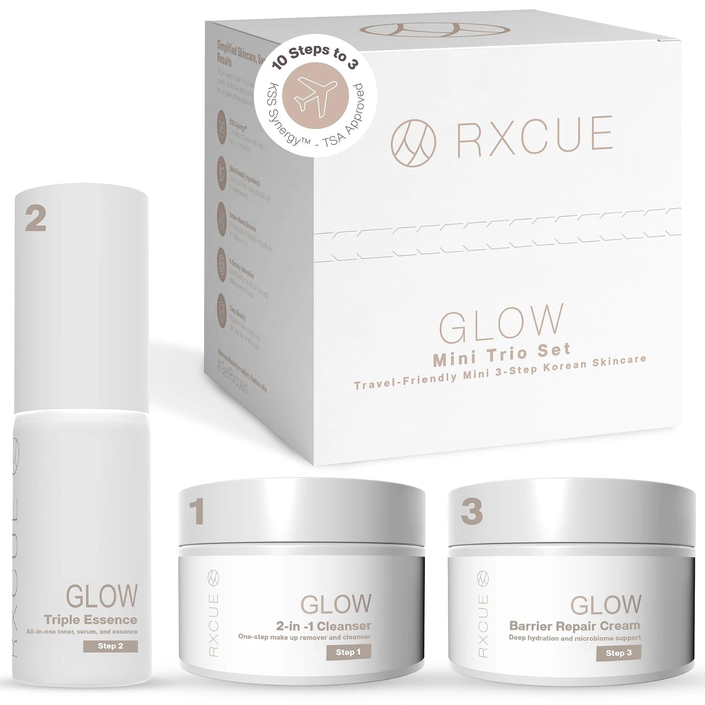 Rxcue Glow Mini Trio Skin Care Set: Mini Skincare Travel Kit for Women, 10-to-3 Step Korean Skin Care Routine Kit for Glass Skin, Travel Size Skincare, Face Care Kits & Beauty Gift Sets 1.01 fl oz