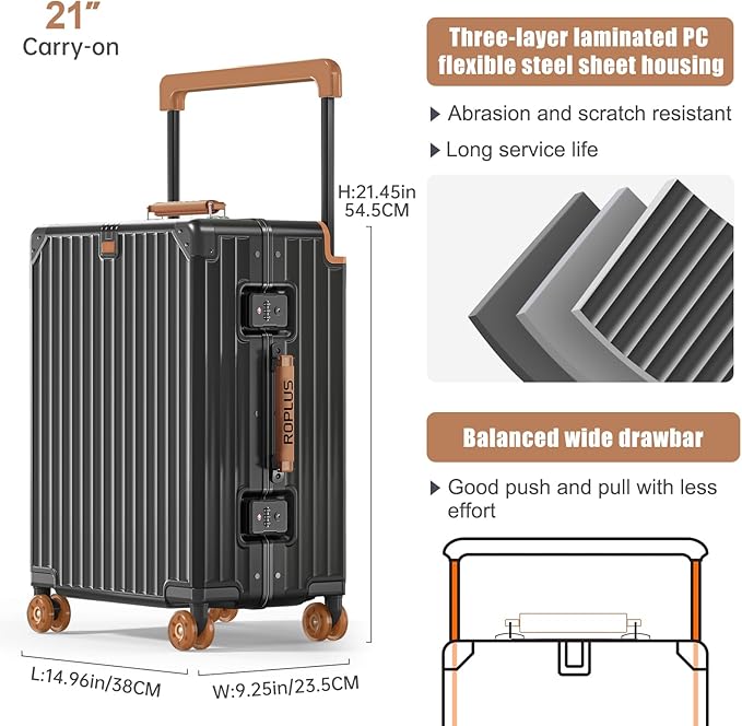 Aluminium Frame Carry on Luggage with Smooth Jelly Wheels, Hardside Zipperless Rolling Suitcase with TSA Lock (Grey, 21-Inch)