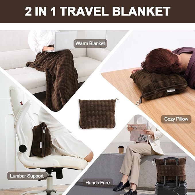 SOCHOW Travel Blanket for Airplane Train and Car, Soft Travel Blanket or Pillow 2 in 1 Compact with Portable Bag Pillowcase, Flight Blanket with Luggage Sleeve and Backpack Clip, Brown