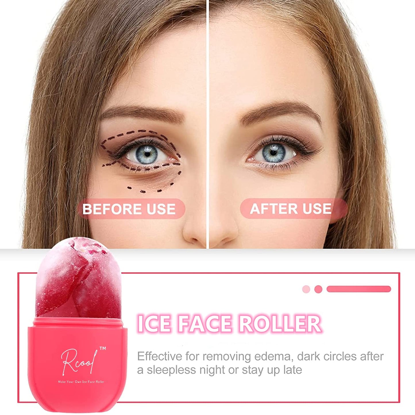 Rcool Ice Face Roller & Gua Sha,Face Massager,Facial Beauty Ice Roller Skin Care Tools,Skin Care Products-for Face&Eyes,Remove Fine Lines,Shrink Pores,Reduce Acne and Lubricate The Skin. (Pink)
