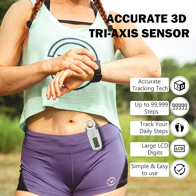 3D Pedometer for Walking with Removable Clip and Carabiner Simple Step Counter for Walking Accurate Clip On Step Tracker for Men Women Kids