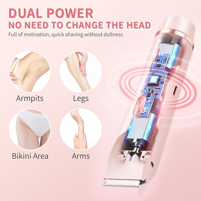 2-in-1 Electric Shaver & Bikini Trimmer for Women - Painless Hair Removal for Body, Face & Bikini, Hypoallergenic, IPX7 Waterproof, Cordless Wet/Dry for Shower & Travel (Pink)