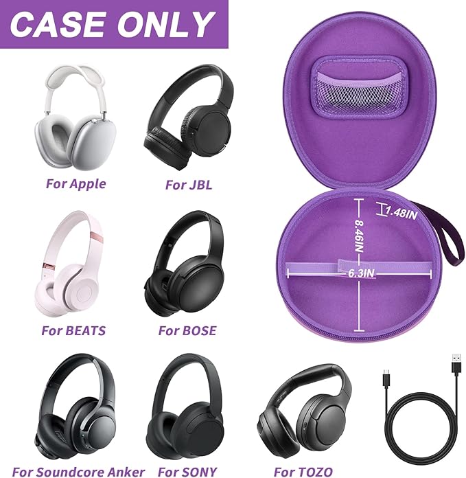 Comecase Universal Headphone Case Comepatible with JBL/for Beats/for Sony/for Bose/for Apple AirPods Max Over Ear Headphone and More, Travel Carrying Box for Bluetooth Wireless Headset -Purple