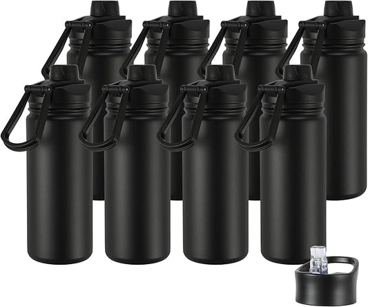 16 oz Insulated Water Bottle with Straw Lids, Stainless Steel Kids Water Bottles for School, Double Wall Vacuum Metal Water Bottle with Straw & Wide Mouth Lid, Black 8 Pack