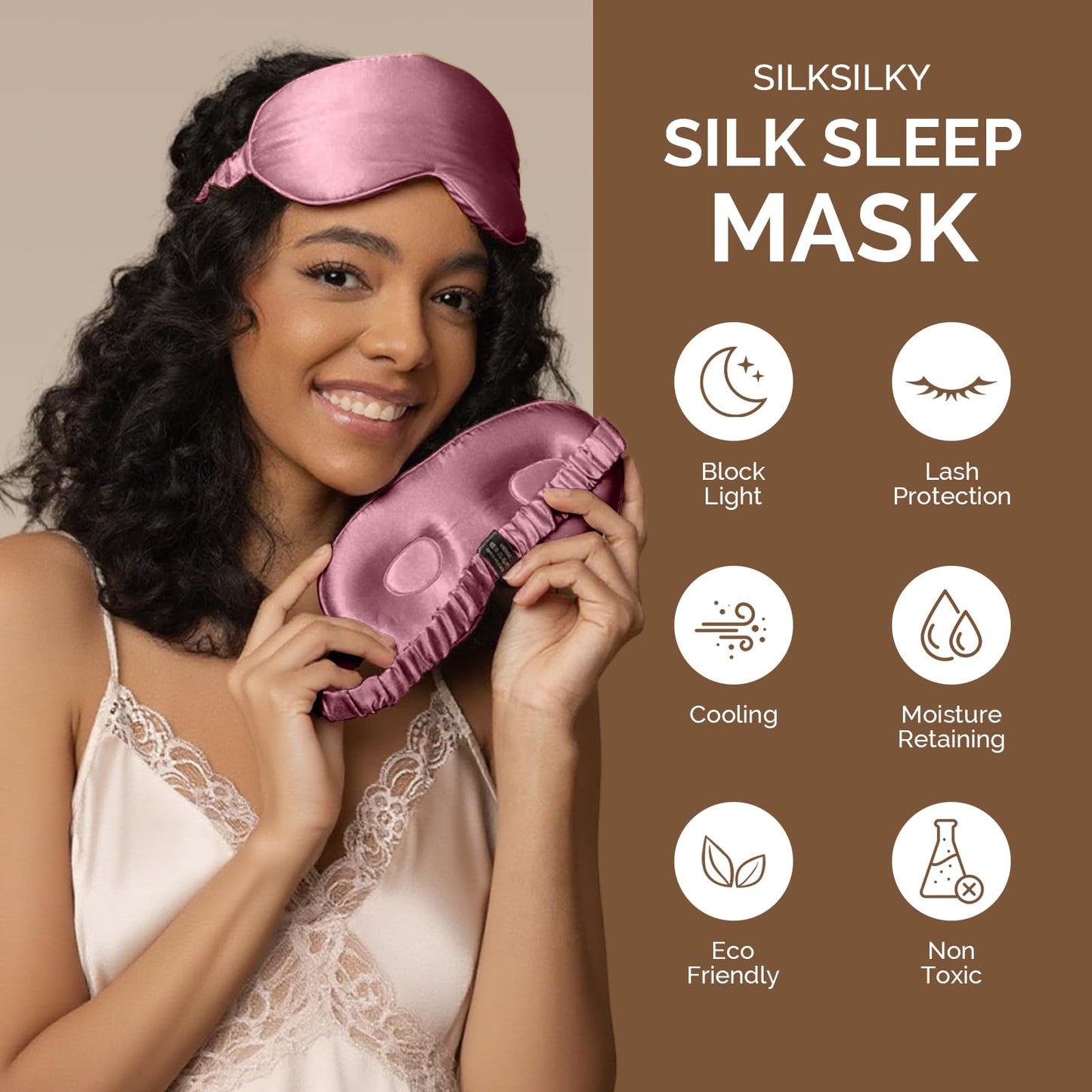 SilkSilky 100% Mulberry Silk Sleep Mask - 22 Momme Grade 6A 3D Contoured Blackout Eye Mask for Women & Men, Adjustable Soft Breathable Eye Covers for Sleeping (Pale Mauve)