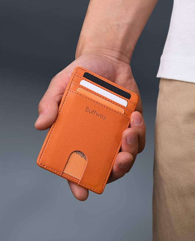 Buffway Mens Slim Wallet, Minimalist Thin Front Pocket Leather Credit Card Holder with RFID Blocking for Work Travel