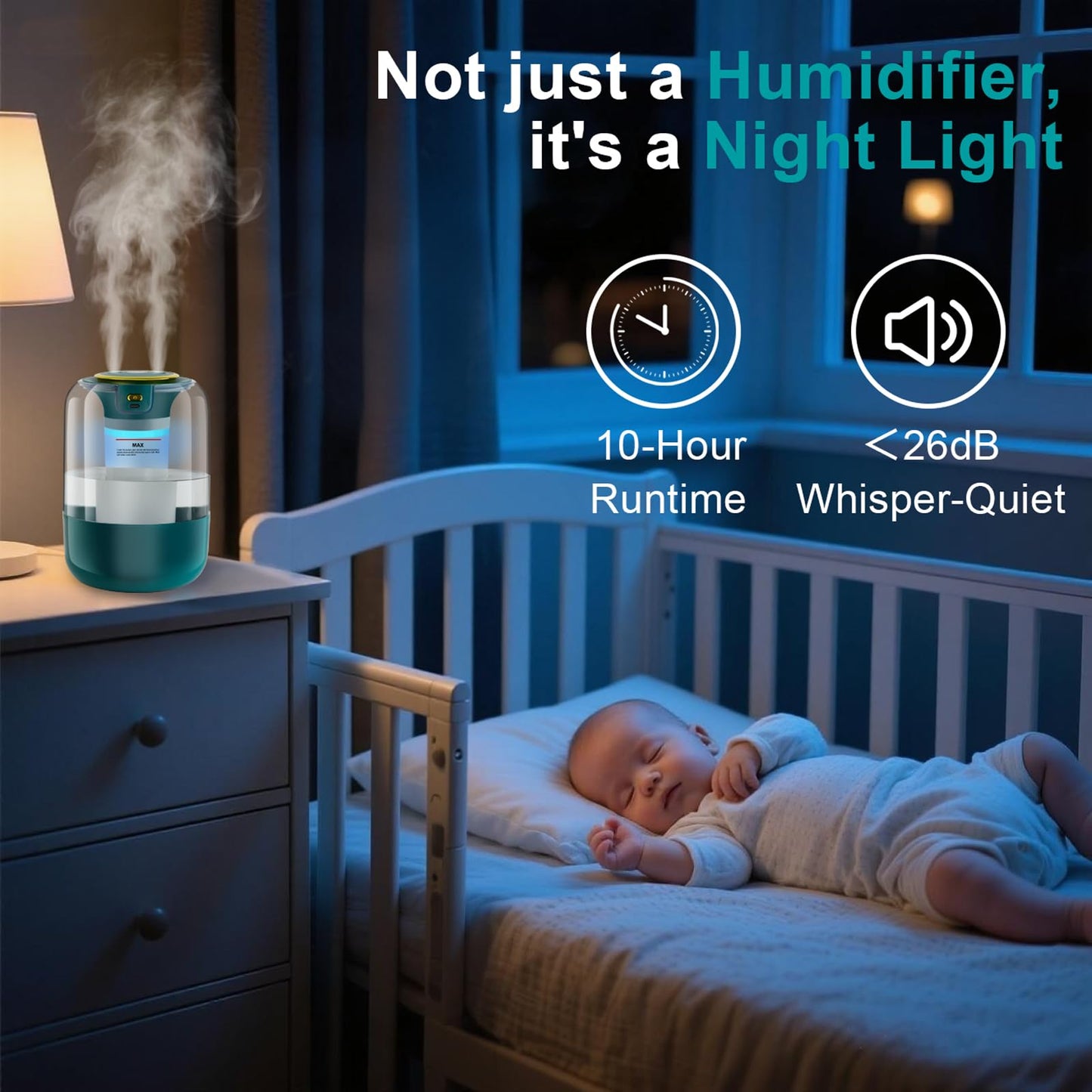 Humidifier with Double Nozzle, 2.2L Humidifiers for Bedroom, 26dB Quiet Dual Spray Cold Mist Humidifier for Plants, Office, and Home Baby Nursery, 3 Gear and Night Light, Easy to Fill & Clean