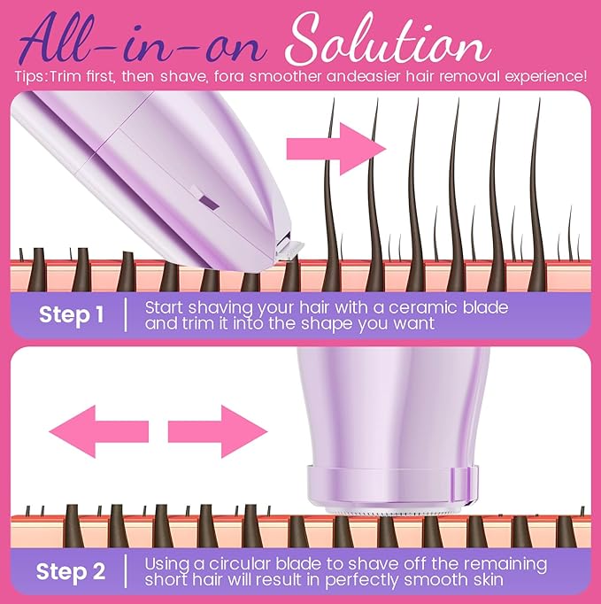 Bikini Trimmer for Women 2 in 1 Electric Razor for Women Face - Wet and Dry Electric Lady Shaver, Smooth Facial Hair Remover and Body Hair Trimmer for Bikini Leg Underarm Face Private Area, Purple