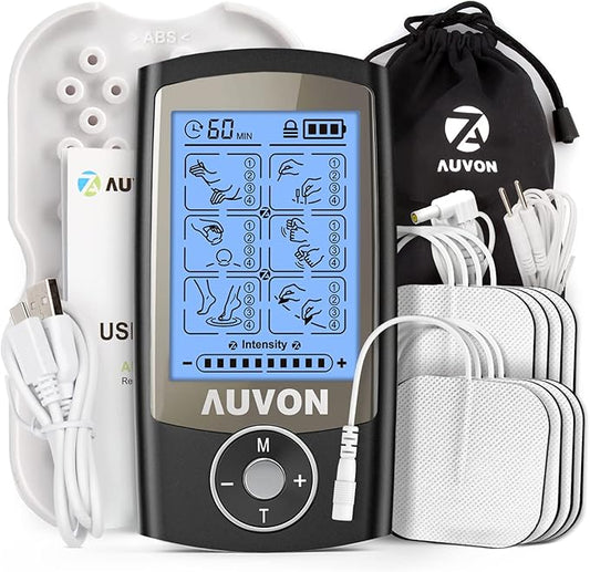 AUVON Rechargeable TENS Unit Muscle Stimulator, 24 Modes 4th Gen TENS Machine with 8pcs 2"x2" Premium Electrode Pads for Pain Relief