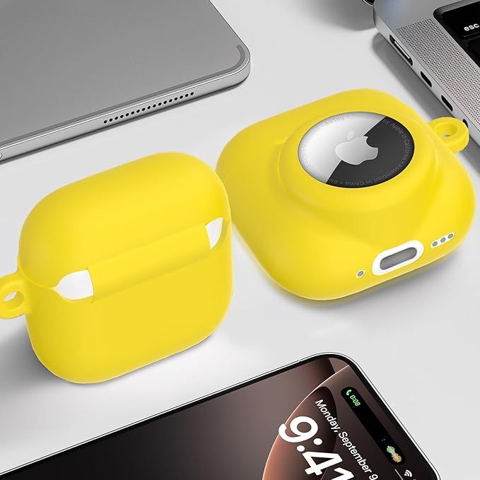 2 in 1 Silicone Case Compatible with AirPod 4 and AirTag, Shockproof Protective Skin Cover for AirPods 4th Generation with Cleaner Kit & Carabiner (Yellow)