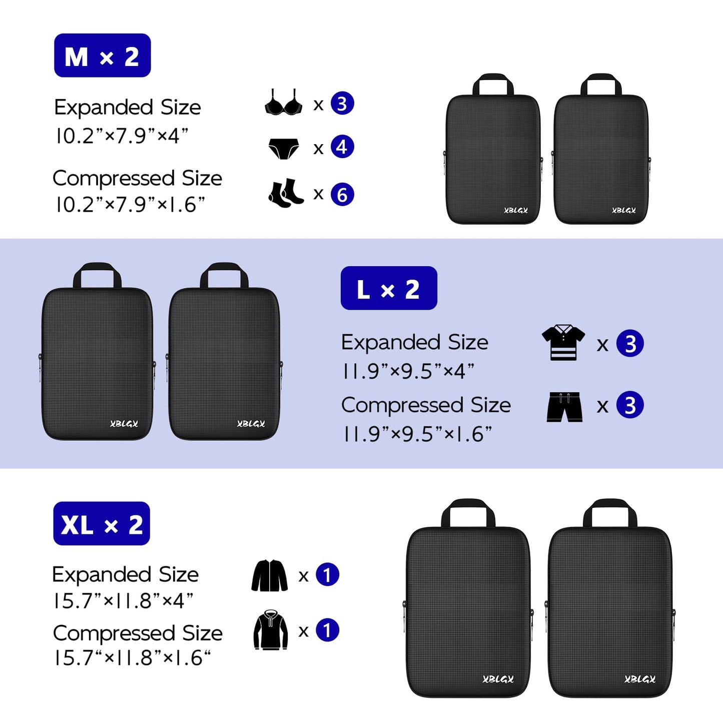 XBLGX 6 Set Compression Packing Cubes for Travel, Suitcases and Carry On, Luggage Organizer Bags for Travel Accessories