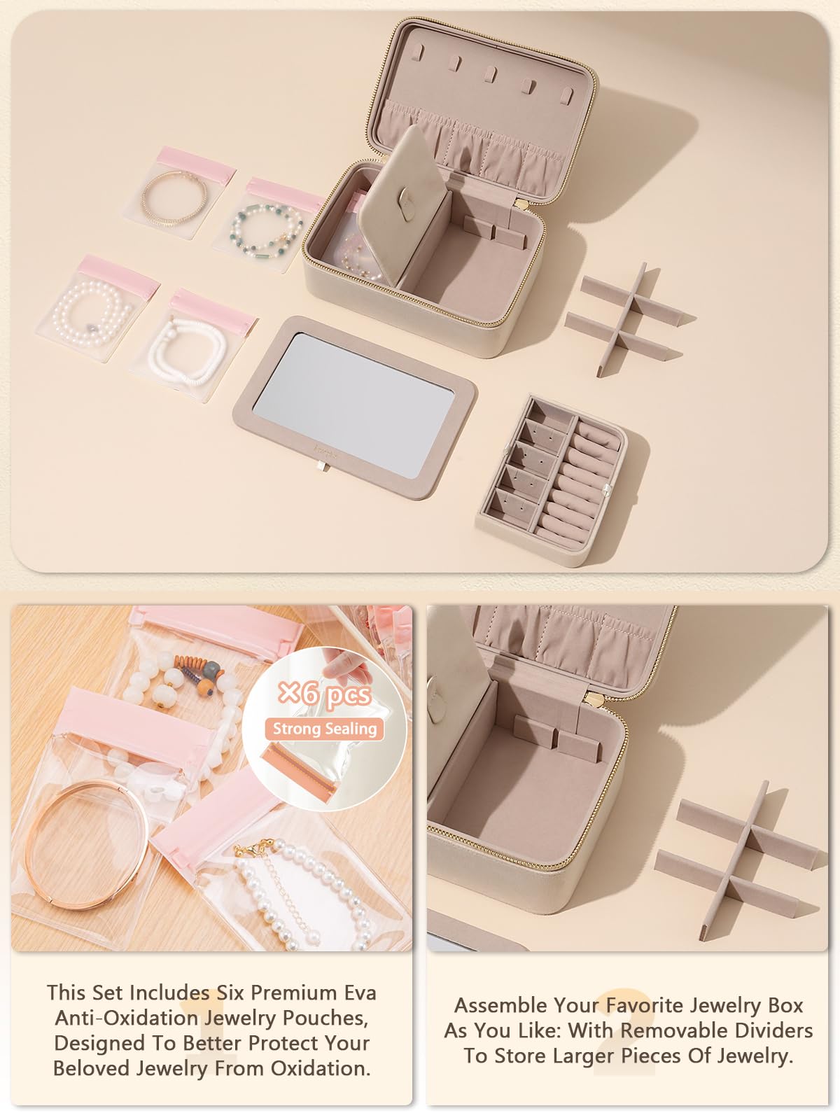 Lumayina Velvet Travel Jewelry Box with Large Mirror, Double-Layer Jewelry Organizer Case for Women and Girls, Portable Storage Case with 6 Anti-Tarnish Bags Gift Ready for Her (Beige)