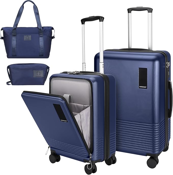 2 Piece Luggage Sets with Spinner Wheels Front Open Pocket, ABS+PC Suitcase with TSA Lock & YKK Zipper, Carry On 20/24 inch Medium +Toiletry Bag+Handbag, Deep Dark Navy Blue