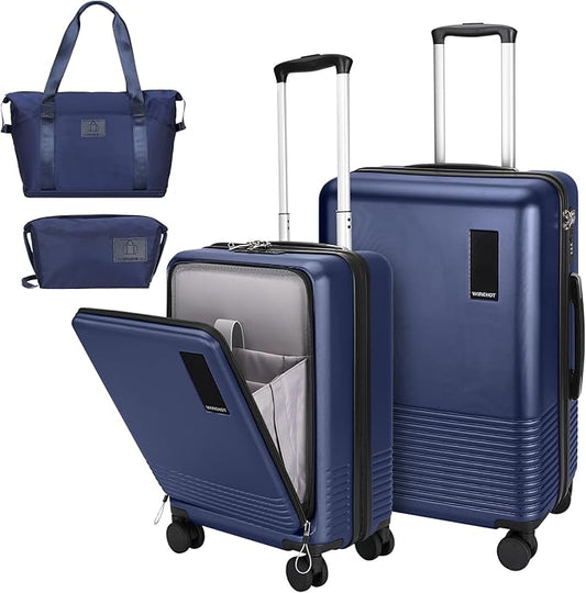 2 Piece Luggage Sets with Spinner Wheels Front Open Pocket, ABS+PC Suitcase with TSA Lock & YKK Zipper, Carry On 20/24 inch Medium +Toiletry Bag+Handbag, Deep Dark Navy Blue