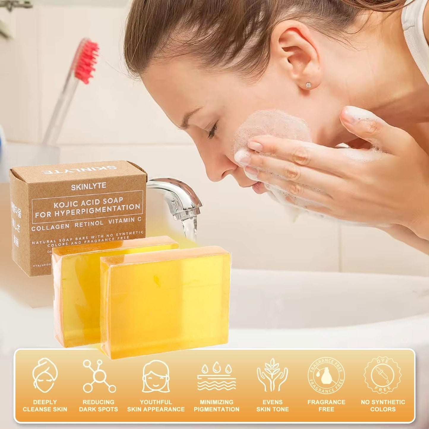 SKINLYTE Kojic Acid Soap Natural -Fragrance Free and Dye Free- Dark Spot Remover Hyperpigmentation Corrector K-Beauty Formula - Turmeric, Glycerin, Collagen, Hyaluronic Acid, Retinol (2 Pack) 7oz.