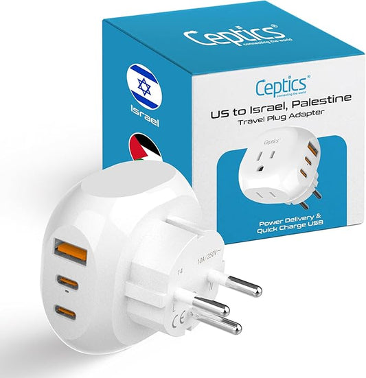 Ceptics Israel, Palestine Travel Plug Adapter - Type H - 5 Input with 20W PD-QC 3.1A Dual USB-C and USB - Light Weight - Perfect for Cell Phones, Laptops, Camera Chargers and More (PTU-14), White