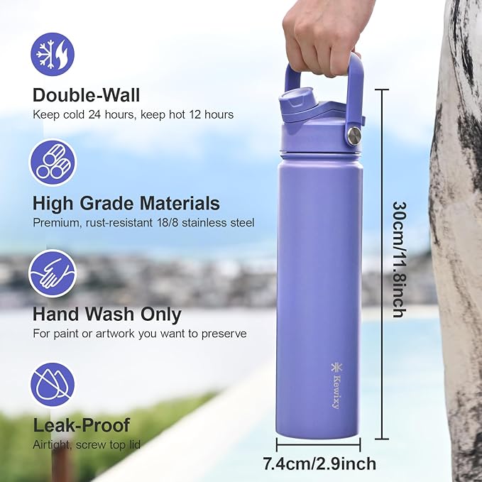 24 oz Insulated Water Bottle, 2-in-1 Lid, Straw & Spout with Protected, Leak Proof, Keep Cold, Stainless Steel, Metal, Reusable, Handle, for Travel, Gym and School, 2 Lids, Aurora Blue