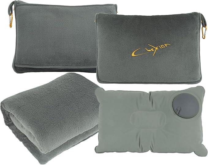 Travel Blanket & Pillow Set, 300 GSM Soft Fleece, 60x43 Inches, 3-in-1 Airplane Blanket, Travel Pillow and Blanket Set, Travel Blanket Airplane Compact with Bag, Travel Essentials, Grey