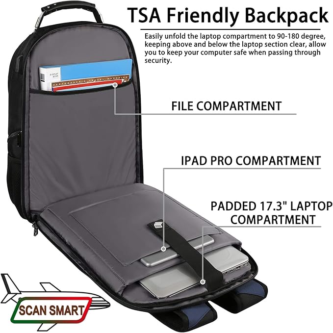 17.3 Laptop Backpack for Men Women, Extra Large Travel laptop Backpack with Rain Cover, TSA Friendly Flight Approved with RFID Anti Theft Pocket and USB Charger Port, Water Resistant School BookBag