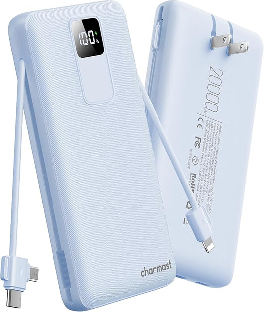 charmast 20000mAh Portable Charger with Built-in Cables & Wall Plug, 20W USB C Power Bank, Fast Charging Battery Pack Travel Essentials Compatible with iPhone 16/15/14 Series, Samsung, Google, iPad