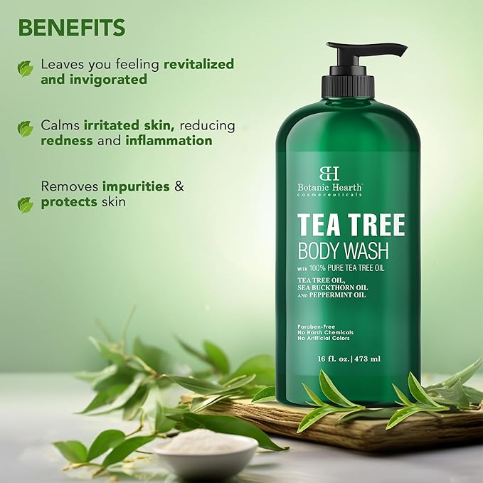 Botanic Hearth Tea Tree Body Wash - 16 fl oz - Helps Soothe Itchy, Dry Skin, Antifugal Body Wash with 100% Pure Tea Tree Oil - Sulfate Free, Paraben Free, for Men and Women