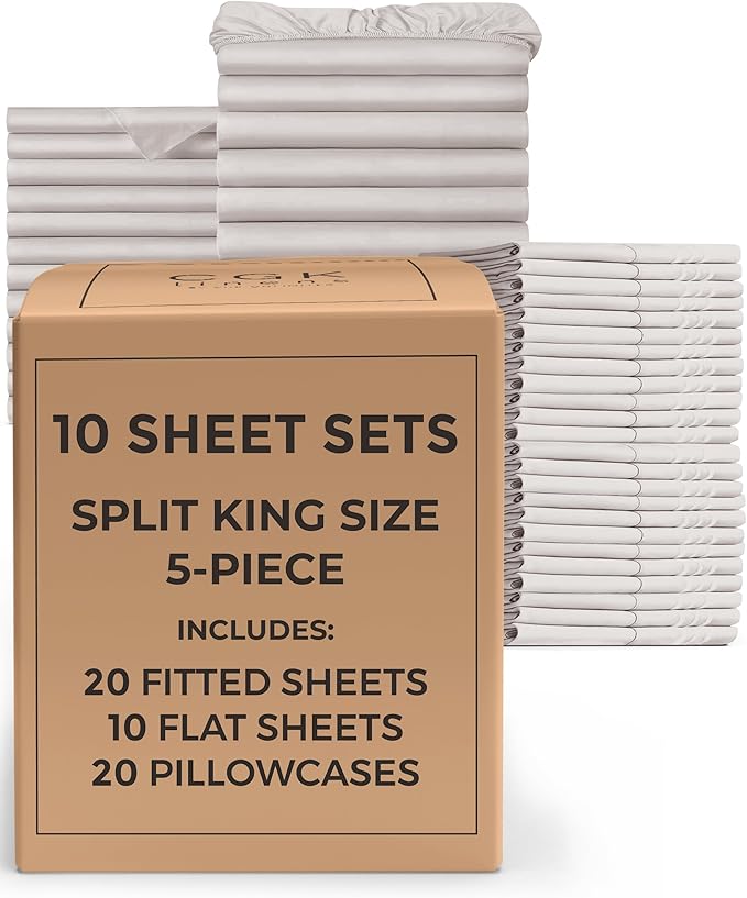Bulk Case Pack of 10 Sheet Sets - (10) Complete Sheet Sets - Bulk Split King Bedding - Wholesale Case Pack for Hotel & Airbnbs - Deep Pocket & Fade Free - Cooling & Breathable - Split King, Light Grey