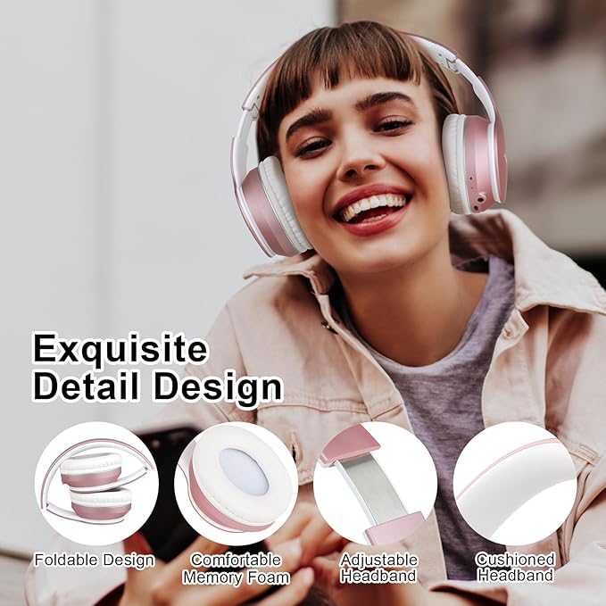 JOMILIN B9 Bluetooth Headphones Over-Ear, 3 EQ Music Modes and 50H Playtime Wireless Headphones with Mic, Hi-fi Stereo Lightweight Folding Headset, Volume Control for Travel Tablet PC (Rose Gold)