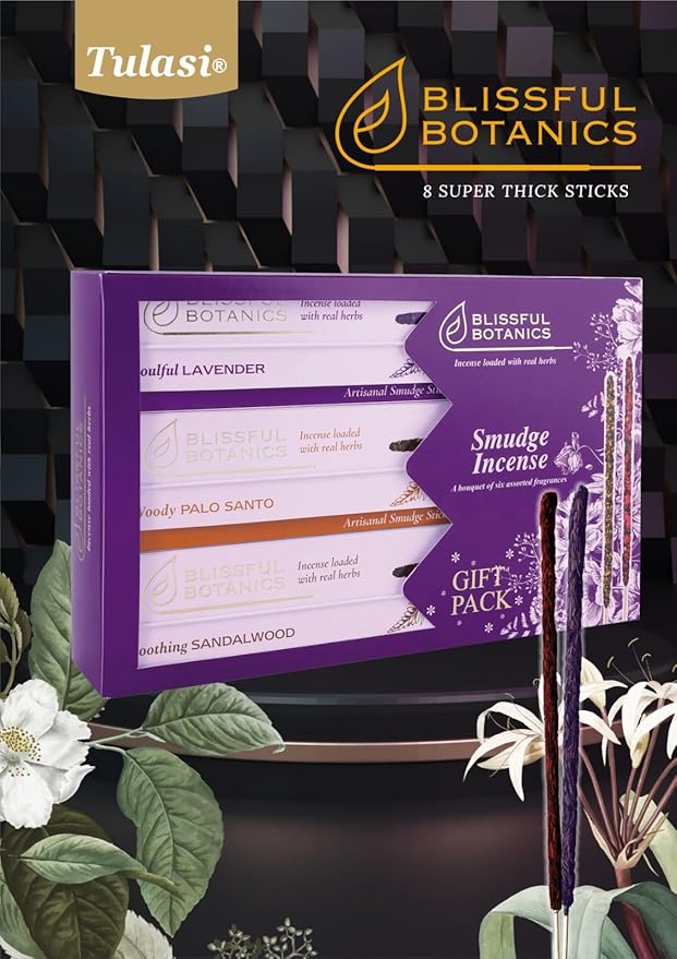 Tulasi Smudge Incense Sticks Gift Pack – 6 Scents x 40g Each – White Sage, Palo Santo, Lavender, Frankincense, Sandalwood, Rose – 48 Natural Herbal Incense for Aromatherapy, Yoga, Meditation